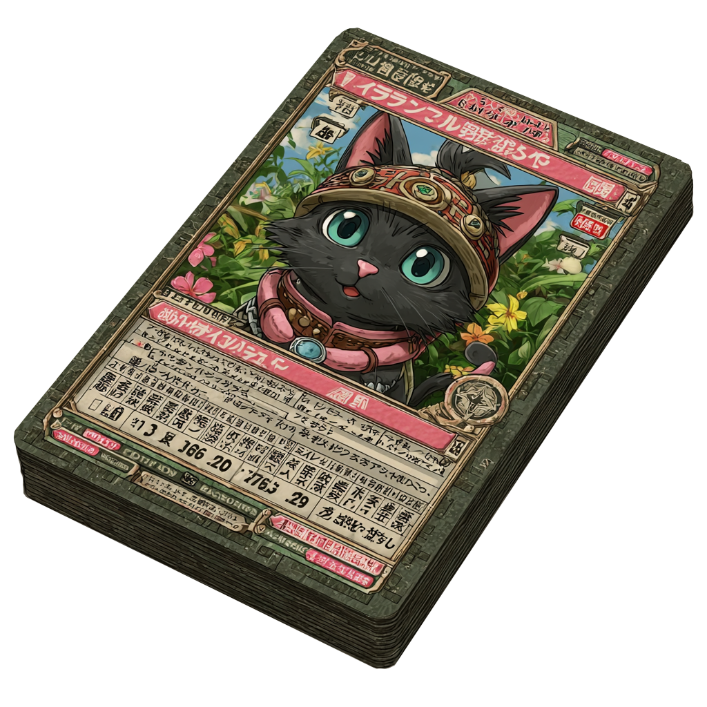 Isometric stack of Whiscards collectible cat cards